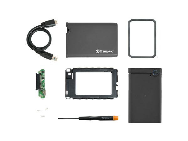 Transcend 2.5 SSD/HDD Enclosure Kit with an outer rubber case, and an inner rubber shock absorber